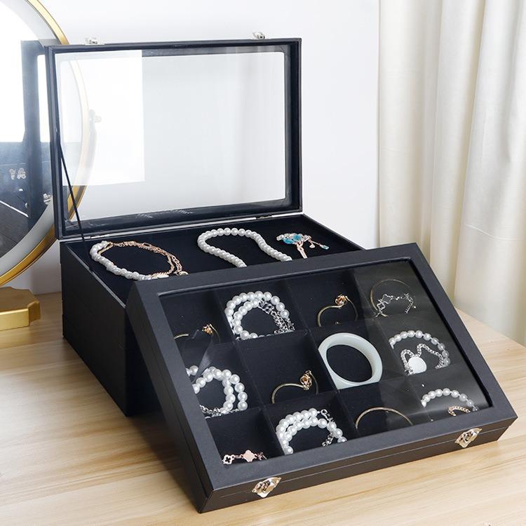 アクセサリーケース レディース メンズ 木製 レザー ブレスレット ジュエリー 収納 ボックス 玉牌 イヤリング ネックレス ペンダント 仏具 小物入れ 大容量 ブラック 黒 胡桃 梨