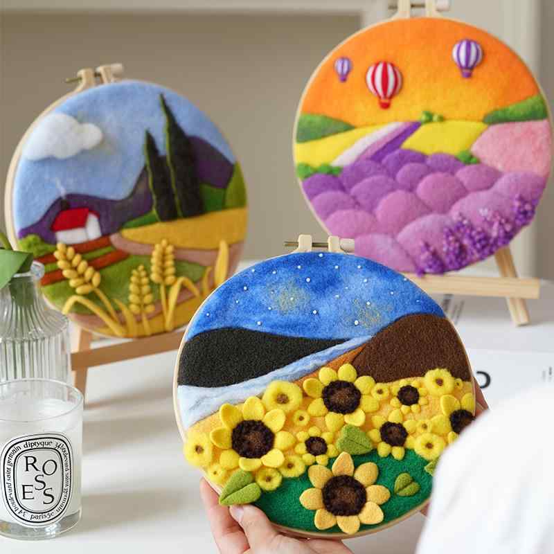 布艺绣品 風景画 羊毛フェルト 戳戳楽 キット 相框付き DIY 手作り ホームデコレーション 壁掛け 置物 ..