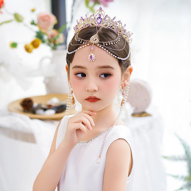 ヘアアクセサリー 子供 ロリータ プリンセス 合金 ティアラ 髪飾り 女の子 西域風 流蘇 クラウン 紫 パ..