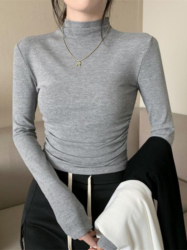 Tシャツ レディース 長袖 春秋冬 スリム 褶皱 半高襟 トップス カットソー プルオーバー ポリエステル 幾何学模様 日韓スタイル カジュアル 白 黒 グレー