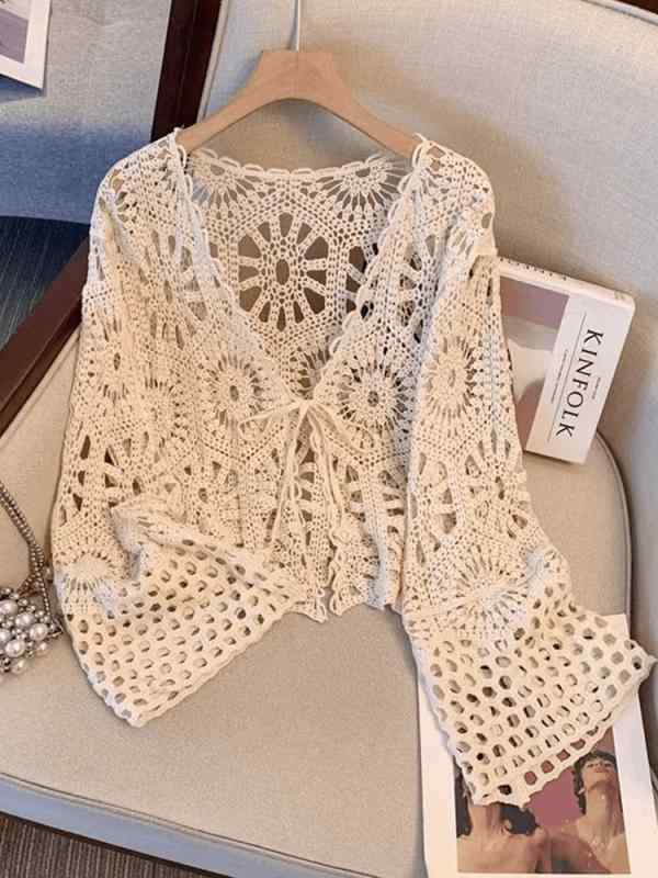 カーディガン レディース ボヘミアン ビーチ リゾート 長袖 薄手 Vネック サマーニット トップス 綿100..