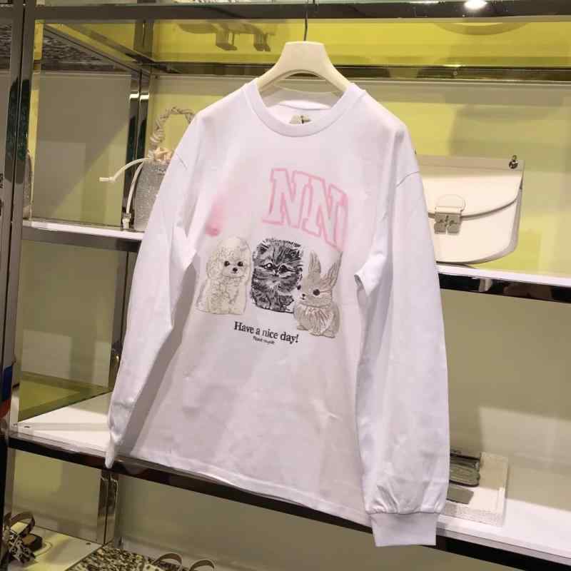 Tシャツ レディース 犬柄 ドッグプリント ラウンドネック 長袖 カットソー トップス 綿 部屋着 普段使い かわいい 森ガール風 春夏