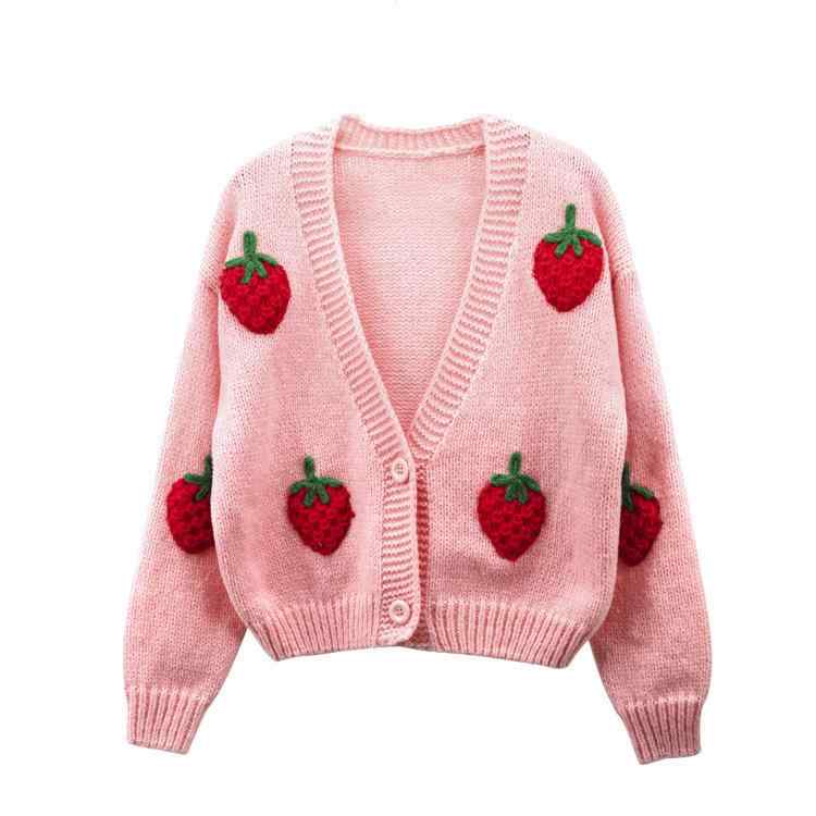カーディガン レディース 秋冬 ニット 手編み風 刺繍 Vネック 長袖 韓国 ファッション アウター 草莓 いちご 花柄 雏菊 小羊 かわいい ゆったり 体型カバー 暖かい 羽織り 日韩休闲