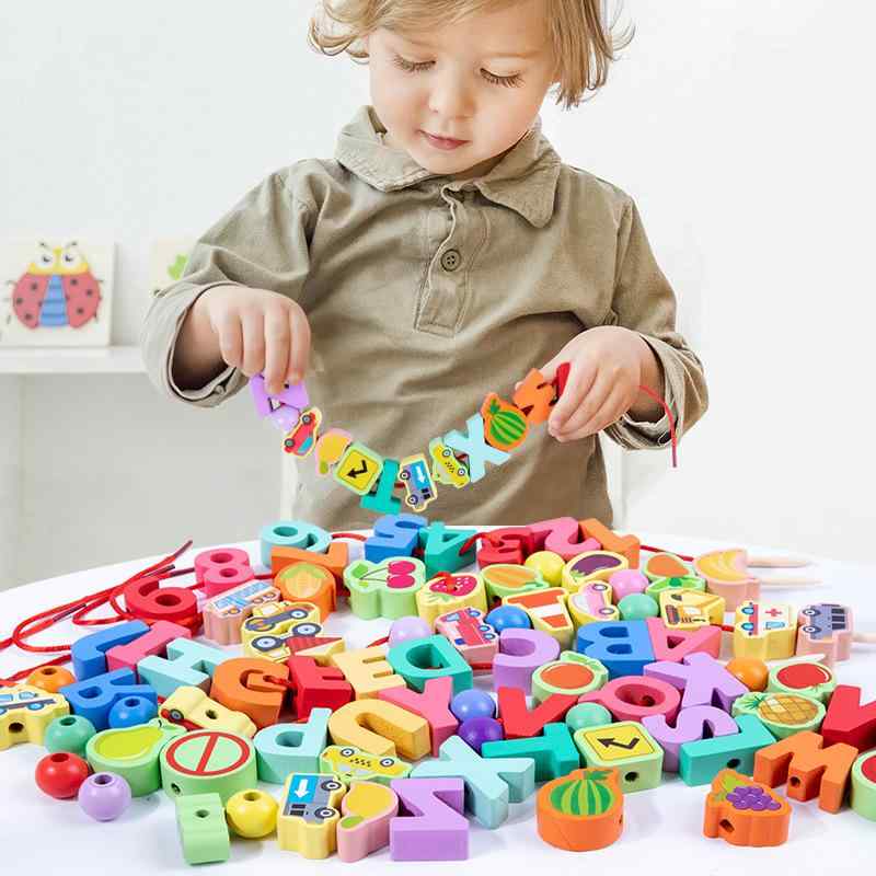 知育玩具 木製 ビーズ おもちゃ ひも通し 数字 果物 動物 モンテッソーリ教具 手と目の協調 早期開発 学習玩具