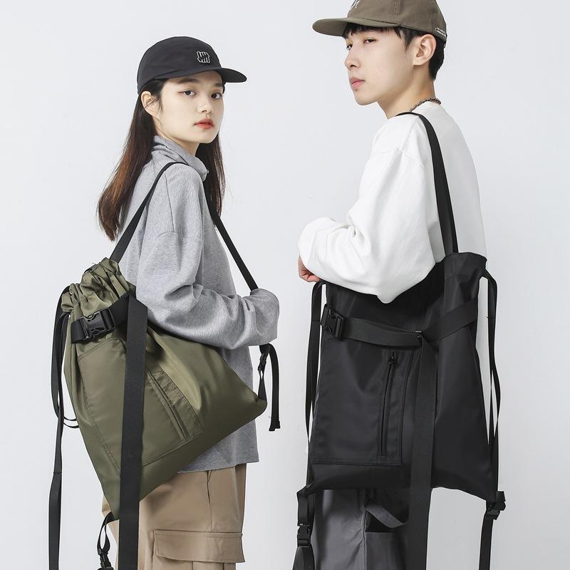 トートバッグ 男性用 大容量 ショルダーバッグ ドローストリング スポーティー ナイロン 無地 ブラック グリーン