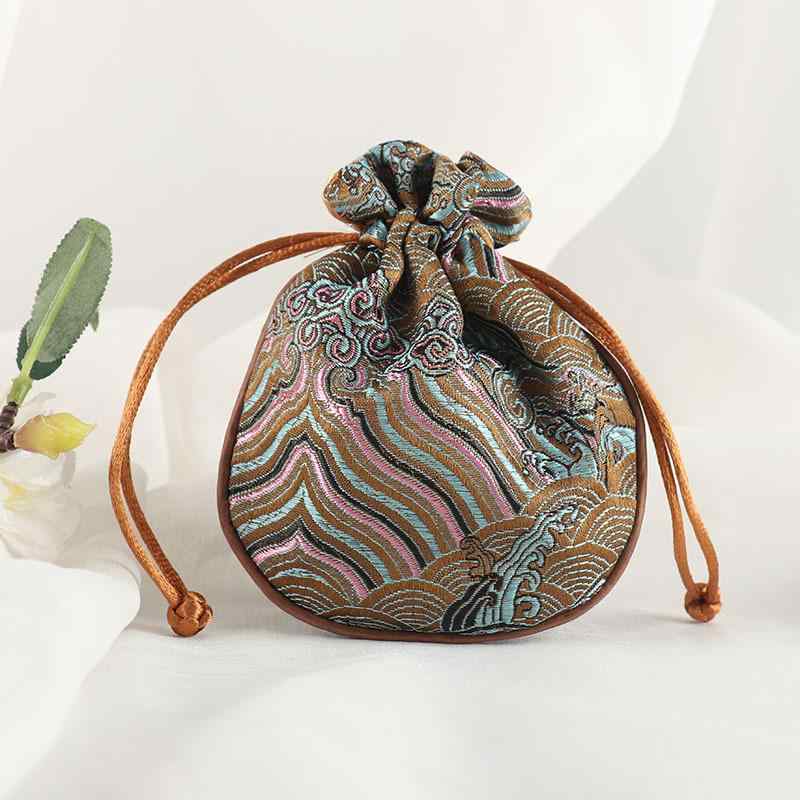 アクセサリーケース ジュエリーポーチ 巾着 海波柄 刺繍入り 小物入れ 収納袋 ダブルレイヤー