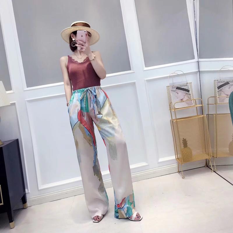 パンツ レディース 高腰 混紡 抽象 水彩 プリント ゆったり ワイドレッグパンツ ストリート カジュアル..