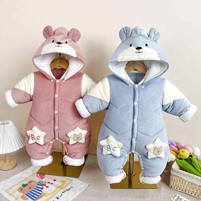 ベビー服 冬用ロンパース 新生児 カバーオール 綿入り 防寒着 赤ちゃん ジャンプスーツ フード付き 取..