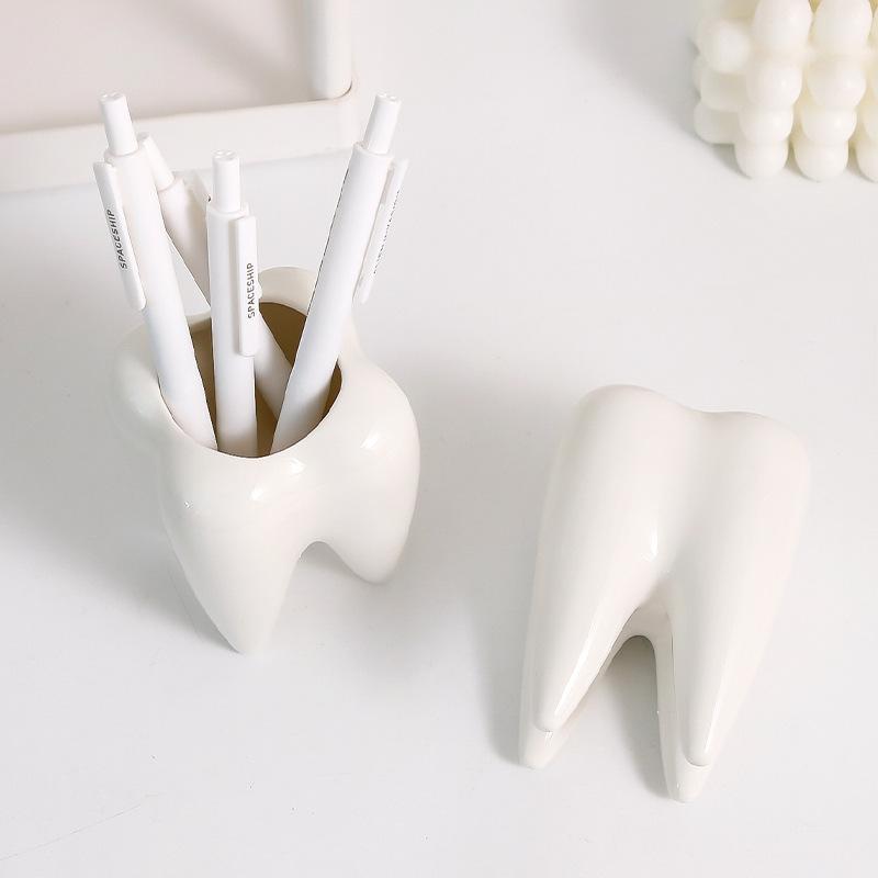 歯ブラシスタンド 収納ボックス 歯 歯型 ペン立て デスク オフィス 卓上 飾り かわいい 陶器