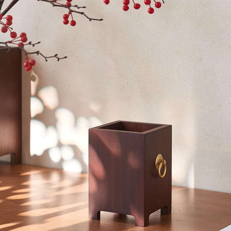 筆筒 木製 中国風 オフィス 書斎 デスク 卓上 ペン立て ペンホルダー 収納 花梨色 胡桃色