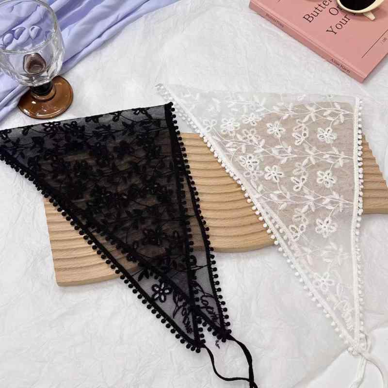 スカーフ ヘアバンド レディース レース 三角巾 花柄 ホワイト ブラック ガーリー 普段使い かわいい