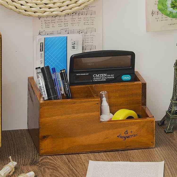 文具収納ボックス 木製 卓上 ペン立て リモコンラック 綿棒ケース 格子柄 新中式 松木 書斎 整理