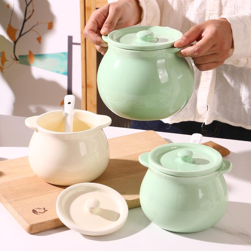 調味料入れ 北欧 セラミック 豚の油壺 家庭用 大容量 耐熱 キッチン ふた スプーン付き 両耳 唐辛子入..