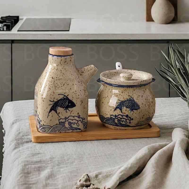 調味料入れ 陶器 耐熱 調味料ポット キッチン 調味料ボックス 家庭用 豚油 唐辛子 魚柄 和風 醤油 酢