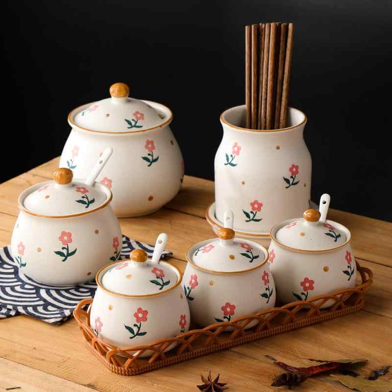 調味料入れ 陶器 セット スプーン 蓋付き 砂糖入れ ラー油入れ 箸立て 水切りトレー付き 日式 キッチン..