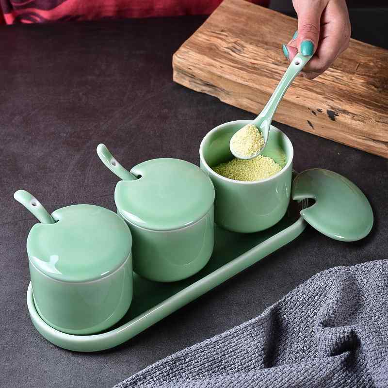 調味料入れ 梅子青 陶器 3個セット スプーン&amp;トレー付き 塩 砂糖