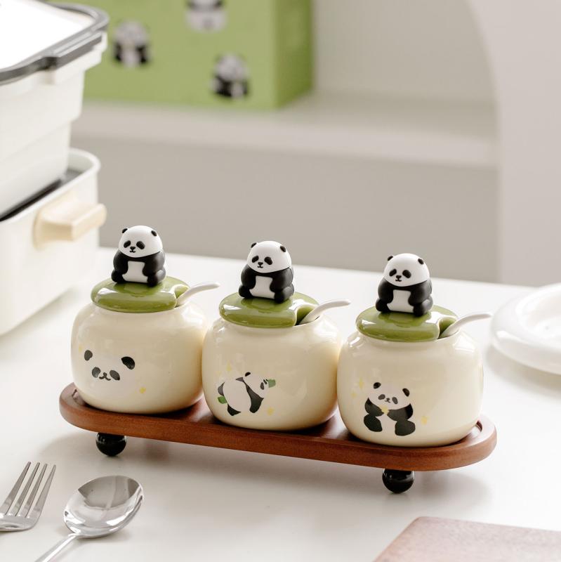 調味料入れ パンダ柄 セラミック スパイスボトル 塩 砂糖 容器 防湿 蓋付き キッチン 収納 調味料 味の..