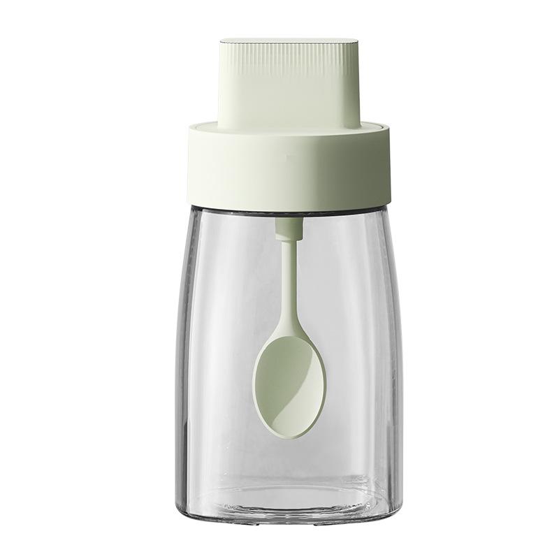 調味料入れ スプーン付き 塩 砂糖 スパイスボトル 厚手ガラス 密封 防水 防湿 キッチン用品 白色 緑色