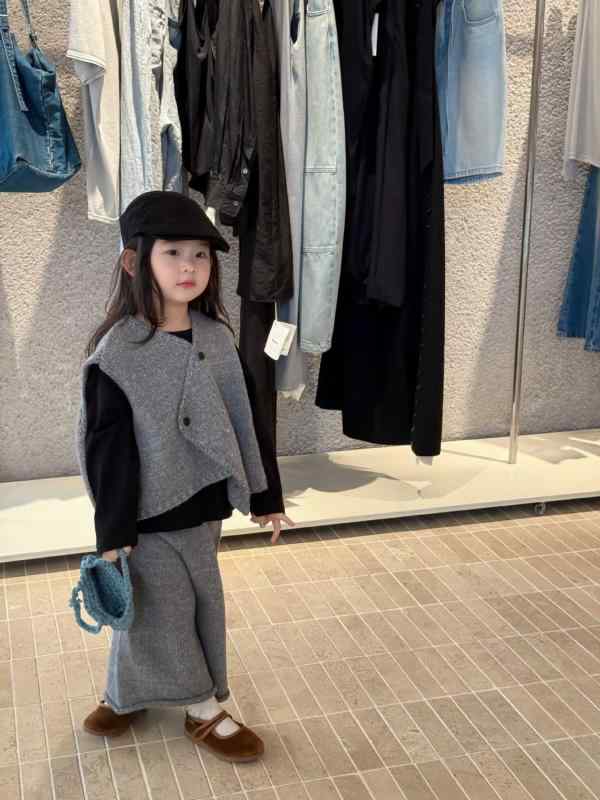 子供服 ニットベスト ワイドパンツ セットアップ ガールズ Vネック 無地 コットン混紡 韓国風 3歳 4歳 5歳 6歳 7歳 8歳 90cm 100cm 110..