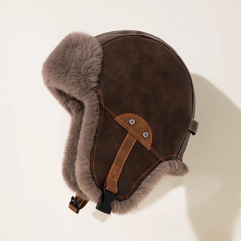 楽天Tanzan帽子 男女兼用 防寒帽子 秋冬 ライダース PUレザー レトロ あったか 耳当て付き 防風 バイク 自転車 アウトドア 赤茶 黄茶 栗色 キャメル