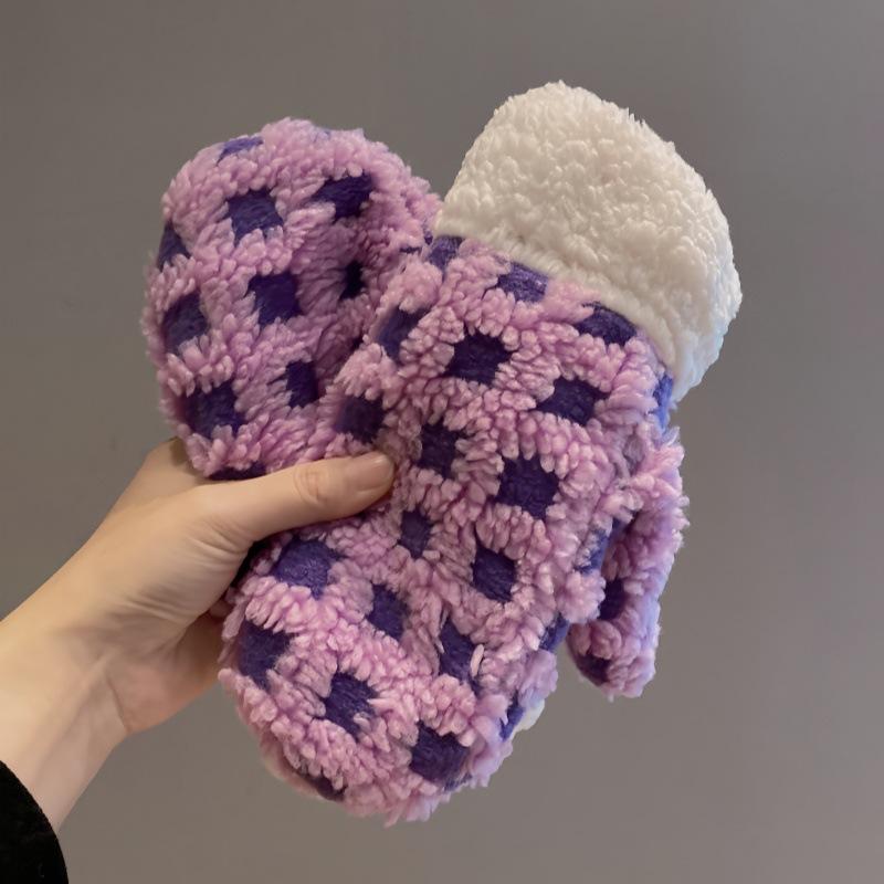 手袋 レディース かわいい 格子柄 パン 冬用 裏起毛 防寒 アウトドア 自転車 カップル 学生 女性 紫 パ..