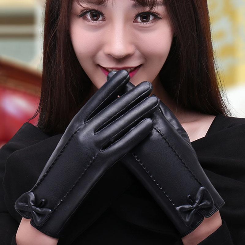 手袋 レディース 防寒 PUレザー 裏起毛 暖かい スマートフォン対応 タッチパネル 花柄 蝶結び かわいい 春 秋