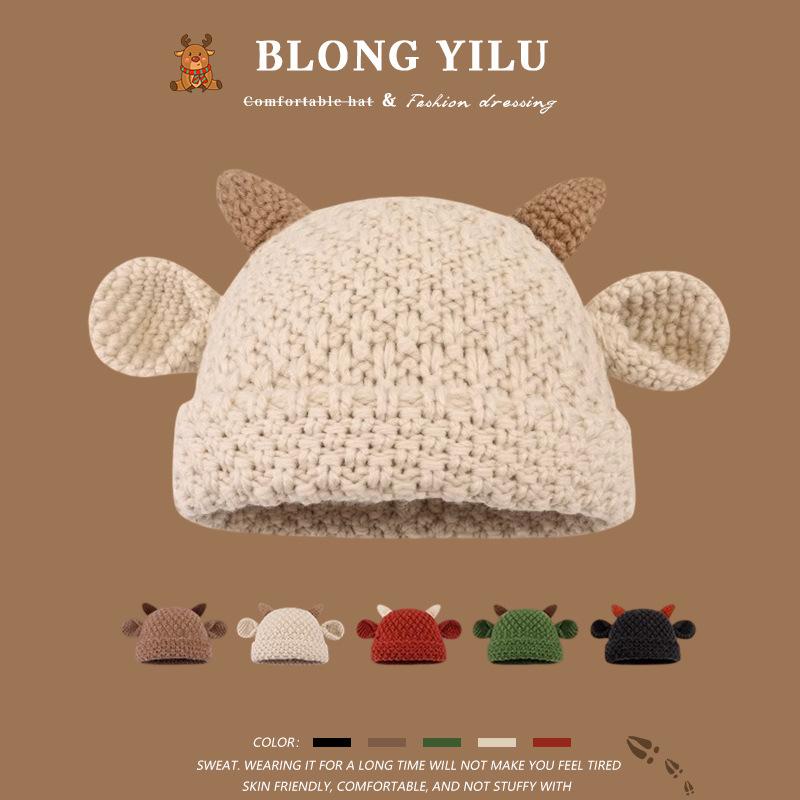 ニット帽 レディース 秋冬 かわいい カートゥーン 牛の角 ウール 帽子 大頭 ぬいぐるみ ニット キャッ..