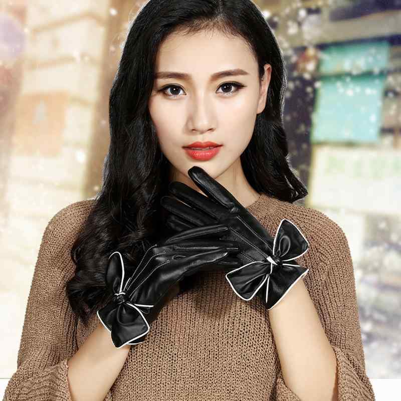 手袋 レディース 秋冬 スマホ対応 防寒 暖かい かわいい 蝶結び レザー ファッション 手袋 黒 ブラック