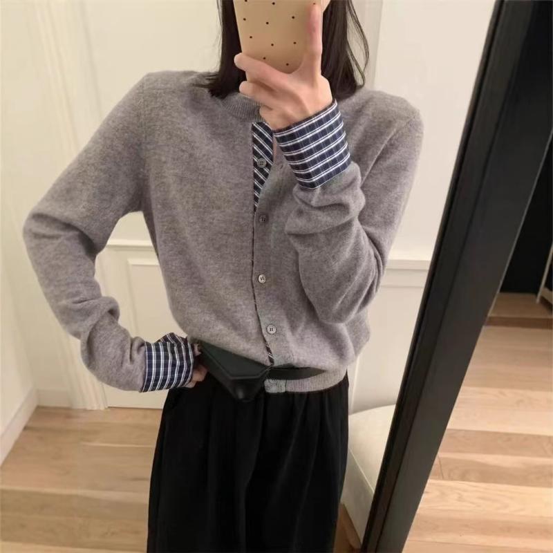 ニットカーディガン レディース 春秋 韓国風 普段使い 部屋着 ポリエステル 混紡 長袖 ラウンドネック ..