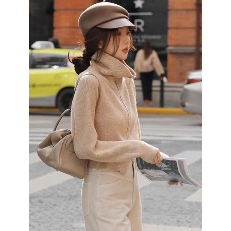 ニット レディース 秋冬 ウール カーディガン ジップアップ スリム 厚手 モカ 無地 普段使い トップス ..