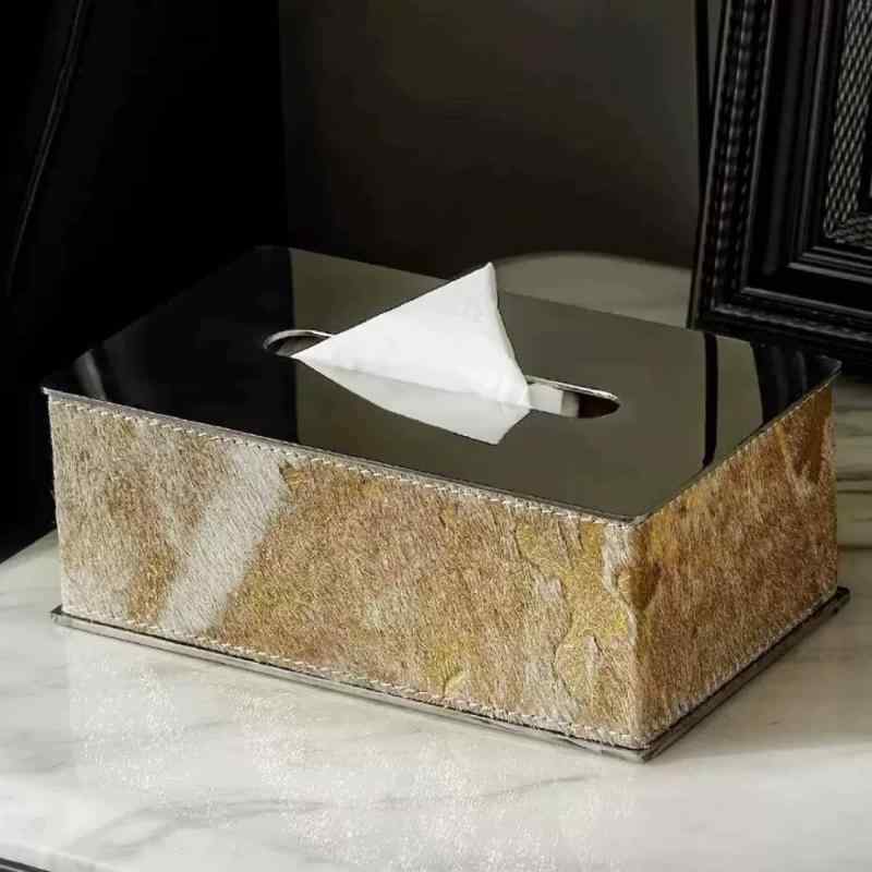 ティッシュボックス 高級感 ホテル 卓上 ステンレス製 多機能 馬毛 リザード柄 電気メッキ加工 飾り ゴ..
