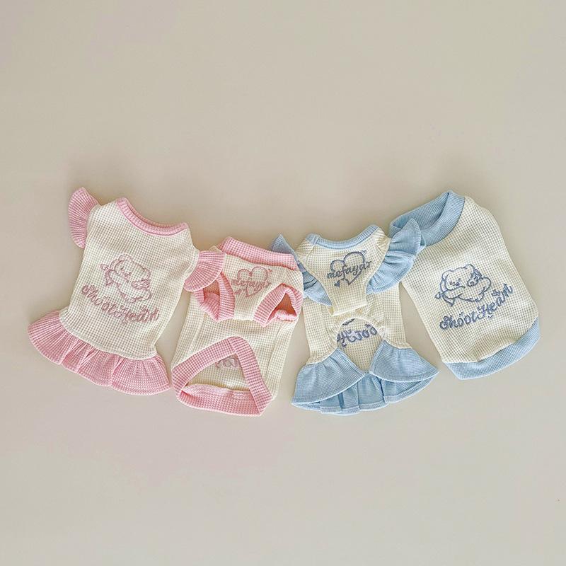 ペット服 犬 春秋 かわいい 刺繍 綿 ワッフル マカロンカラー 切り替え ワンピース トレーナー お揃い ..