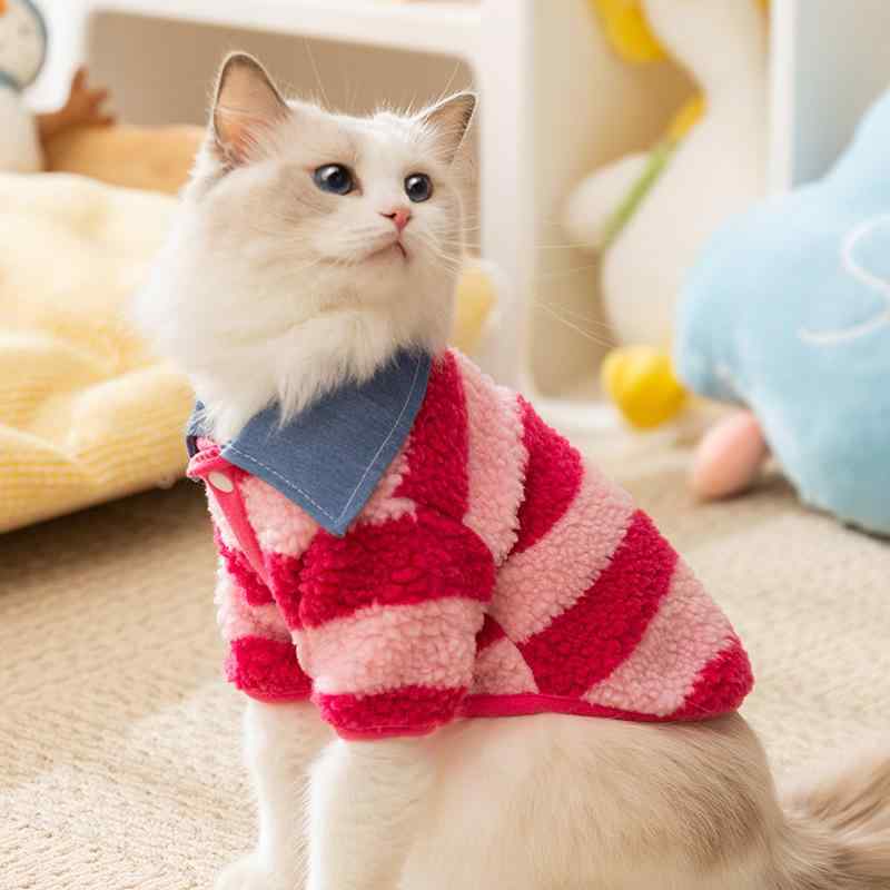 ペット 服 猫 小型犬 ぬいぐるみ 秋冬 ストライプ シャツ かわいい あったか ポリエステル