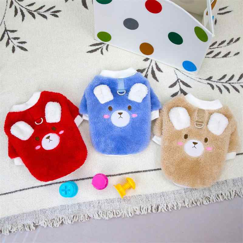 ペット服 犬 熊柄 フリース ドッグウェア 小型犬 猫 牽引可能 ぬいぐるみ 秋冬 ブラウン ブルー レッド..