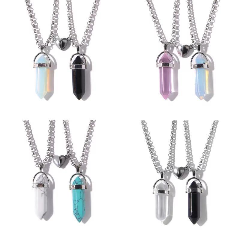 ネックレス 男女兼用 ペア ハート マグネット 天然石 六角柱 ペンダント 白松 绿松 白水晶 黒玛瑙 西瓜..