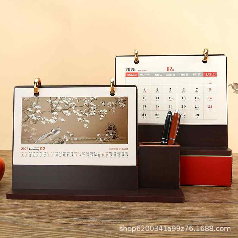 カレンダー 木製 卓上 2025年 大吉大利 新年快乐 ビジネス 筆筒付き 事務用品