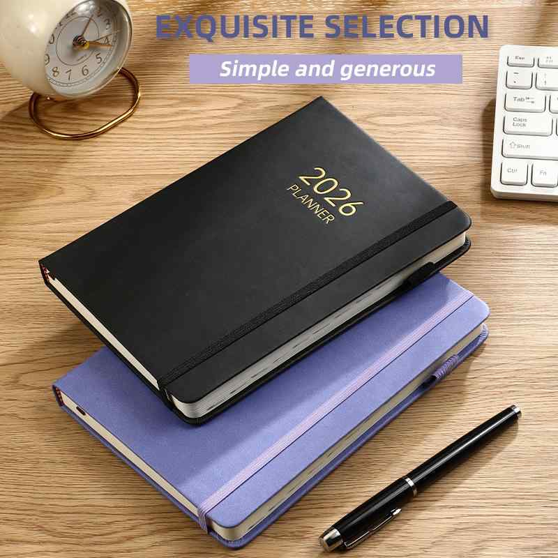 手帳 2026年 A5サイズ スケジュール帳 バンド付き ビジネス オフィス パープル ブラック ブルー ピンク