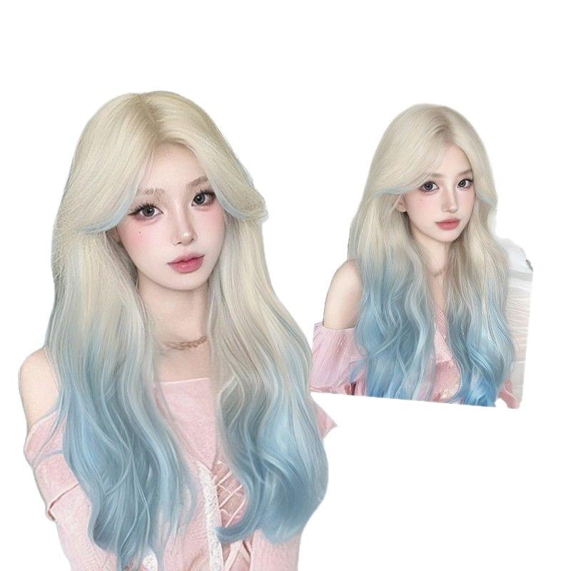 ウィッグ 白金 渐变 ブルー ロング カール 大波 巻き髪 薄型 通気 自然 清楚 イメチェン おしゃれ かわ..