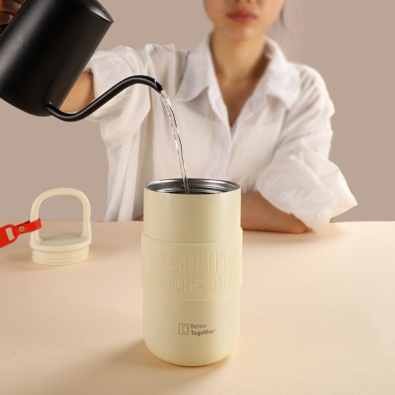 保温杯 食品グレード316 ステンレス製 携帯用 水筒 男女兼用 学生 コーヒー スポーツ アウトドア 白色 400ml 真空断熱 36時間保温 ハンドル付き