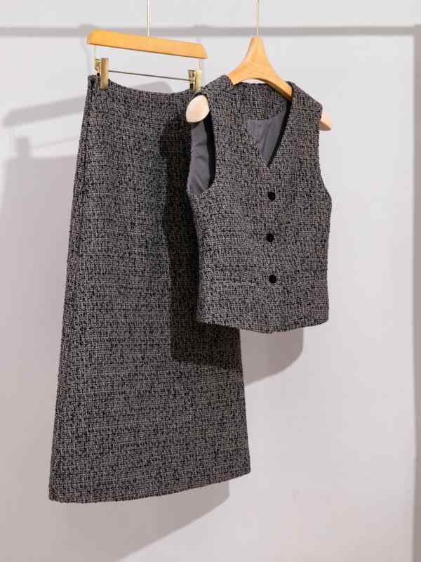 ベスト レディース Aラインスカート セットアップ 秋冬 ミドル丈 職業着 ポリエステル コットン 混紡 グレー系 エレガント OL 通勤