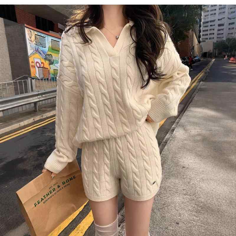 セットアップ レディース ポロシャツ ニット トップス ショートパンツ ケーブル編み 羊毛 カシミヤ 通勤 カジュアル ベージュ系 グレー系 オフホワイト