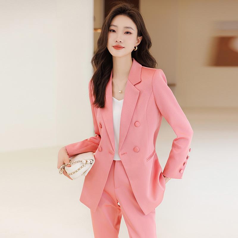 スーツ レディース 秋冬 長袖 ダブルボタン テーラードジャケット パンツ セットアップ オフィススタイル ビジネス フォーマル ピンク系 パープル系