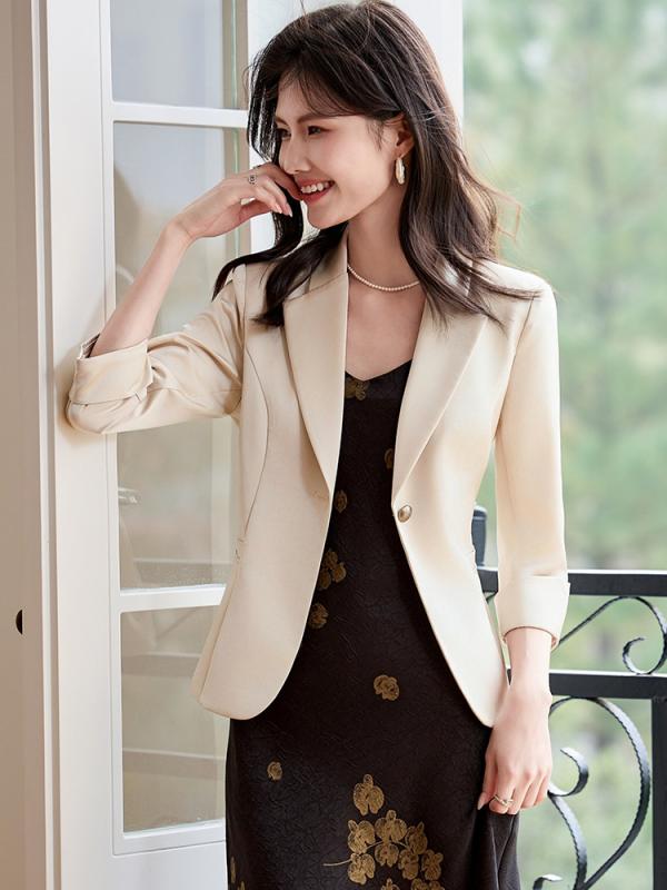 スーツ レディース 春夏 ワンピース付き テーラードジャケット セットアップ 小柄 通勤 カジュアル きれいめ 5分袖 ポリエステル 無地 シャンパン ピンク ...