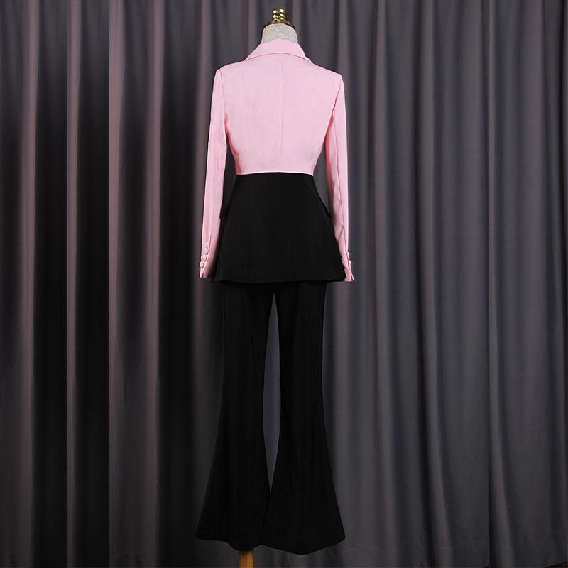 スーツ レディース OL 面接 オフィススタイル セットアップ ピンク系 ブラック 切り替え 細見え スタイルアップ 長袖 テーラード