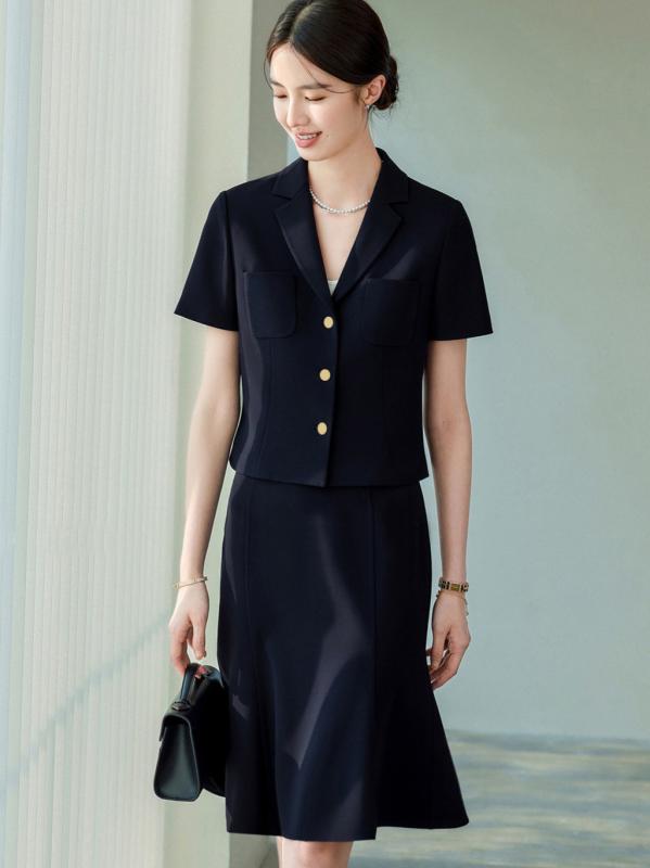 スーツ レディース 春夏 セットアップ 通勤 オフィススタイル 5分袖 テーラードジャケット 膝丈 タイトスカート ネイビー 紺色 再生繊維 エレガント 上品