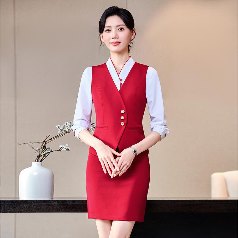 ベスト レディース 事務服 ホテル フロント 制服 赤色 ポリエステル Vネック ショート丈 ミディアム丈 ベスト + スカート 上下セット オフィス 通勤 エ...