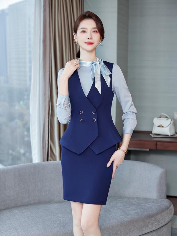 ベスト レディース スーツ 3点セット 春秋 ダブルブレスト ファッション ベスト チョッキ KTV ホテル 従業員 制服 彩蘭色 黒色 ワインレッド S M ...