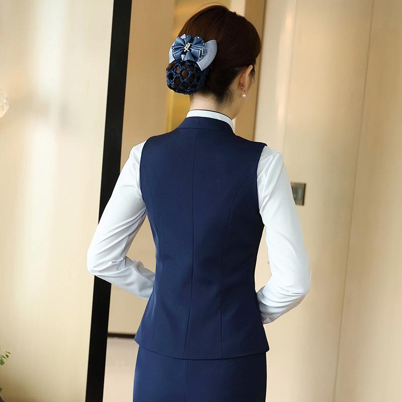 スーツ レディース 2点セット 春秋物 女性用 ベスト スカート または パンツ セット ホテル フロント 受付 制服 ポリエステル 無地 ブラック ブルー ワ...