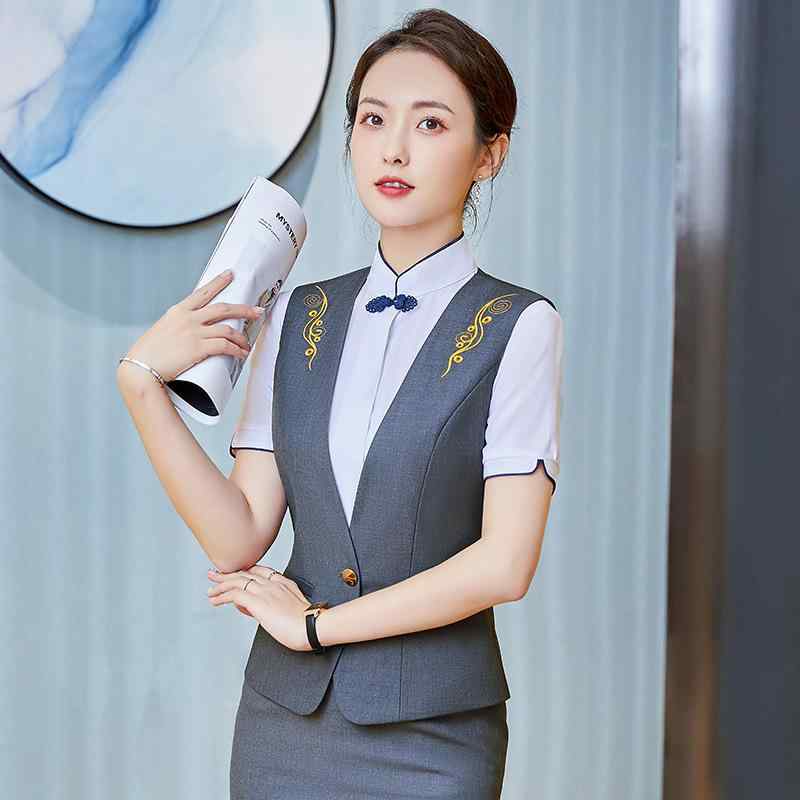 ベスト レディース 半袖 事務服 ホテル 制服 ユニフォーム サービス業 受付 OL 通勤 ポリエステル 無地..