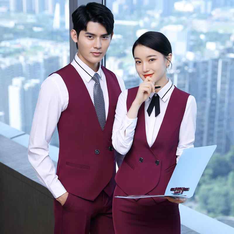 ベスト レディース 春秋 ポリエステル 事務服 ホテル 制服 男性用 ワインレッド ブルー ブラック 無地 ..